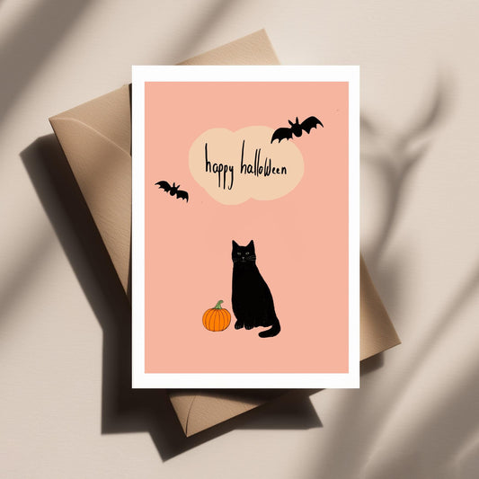 Black Cat with Pumpkin and Bats β Cute, Spooky and Funny Halloween Greeting Card for Friends, Family & Cat Lovers. Gifts for Him or Her.
