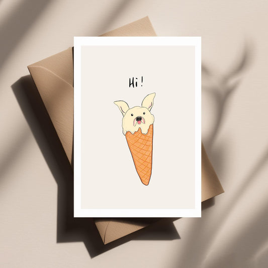 Funny French Bulldog Card – Cute Ice Cream Dog Greeting Card Saying Hi for Friends, Family & Dog Lovers