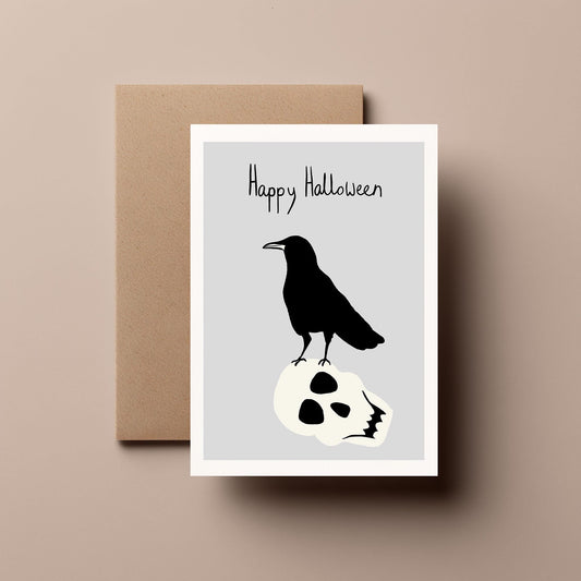 Raven on a Skull β Cute, Spooky, Quirky and Funny Halloween Greeting Card for Friends, Family & Cat Lovers. Gifts for Him or Her.