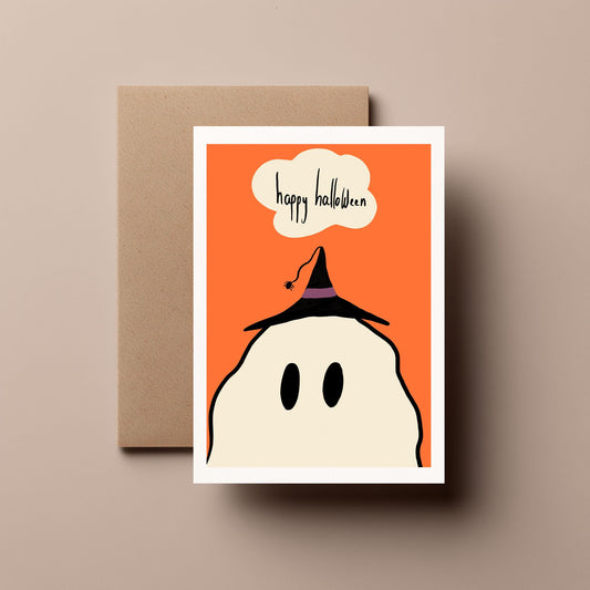 Ghost Wearing Little Witch Hat β Cute, Spooky and Funny Halloween Greeting Card for Friends, Family & lovers of Scary Stuff!