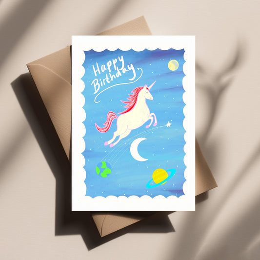 Unicorn in Space Birthday Card – Fun Children’s Birthday Greeting Card with Cute Cosmic Unicorn