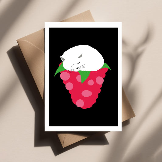 Raspberry Cat Greeting Card – Funny - Cat Sleeping on Raspberry Card for Friends, Family & Cat Lovers