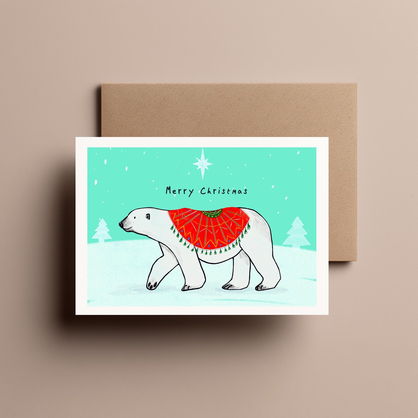 Polar Bear Christmas Card - Cute Winter Star Scene Greeting Card for Friends, Family, Xmas & Holiday Wishes