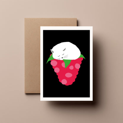 Raspberry Cat Greeting Card – Funny - Cat Sleeping on Raspberry Card for Friends, Family & Cat Lovers