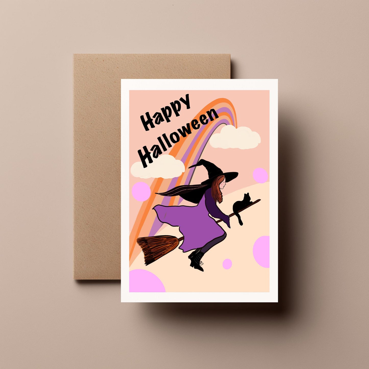Flying Witch with Her Cat – Cute, Spooky, Quirky and Funny Halloween Greeting Card
