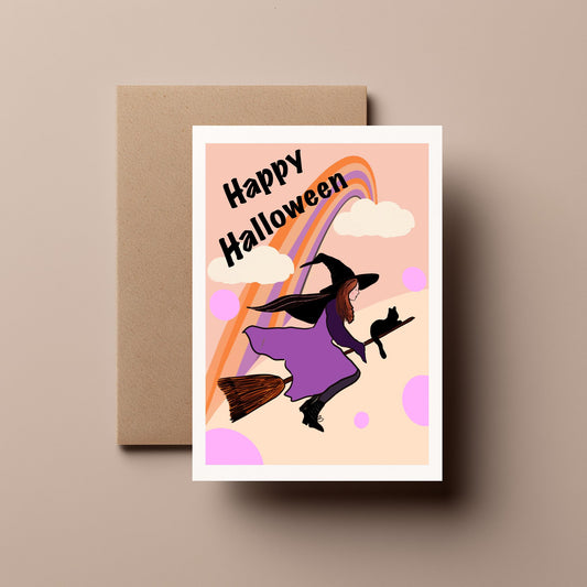 Flying Witch with Her Cat – Cute, Spooky, Quirky and Funny Halloween Greeting Card