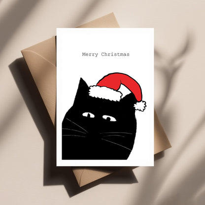 Cat Wearing Santa Hat Christmas Card – Cute Cat Xmas, Funny Holiday Greetings