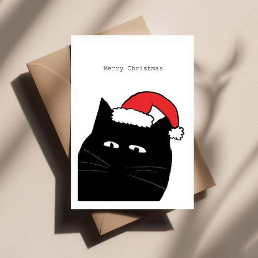 Cat Wearing Santa Hat Christmas Card – Cute Cat Xmas, Funny Holiday Greetings