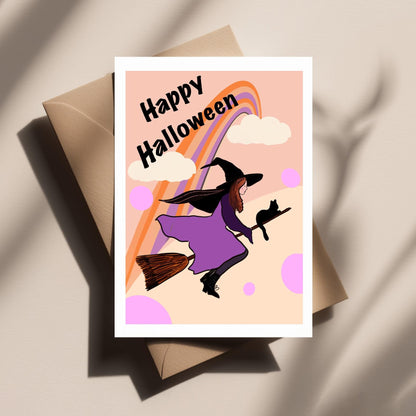 Flying Witch with Her Cat – Cute, Spooky, Quirky and Funny Halloween Greeting Card