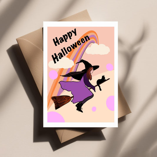 Flying Witch with Her Cat – Cute, Spooky, Quirky and Funny Halloween Greeting Card