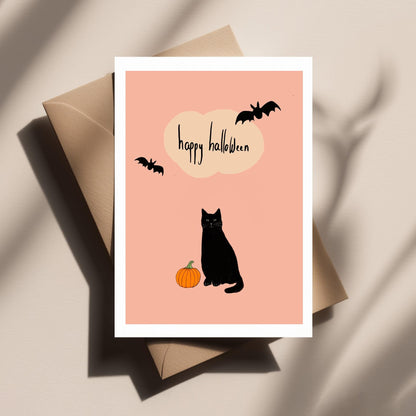 Black Cat with Pumpkin and Bats – Cute, Spooky and Funny Halloween Greeting Card for Friends, Family & Cat Lovers. Gifts for Him or Her.