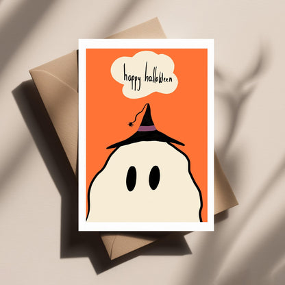 Ghost Wearing Little Witch Hat – Cute, Spooky and Funny Halloween Greeting Card for Friends, Family & lovers of Scary Stuff!
