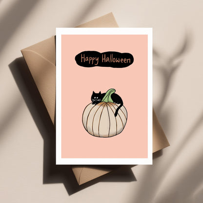 Cat on a Giant Pumpkin – Cute, Spooky and Funny Halloween Greeting Card for Friends, Family & Cat Lovers