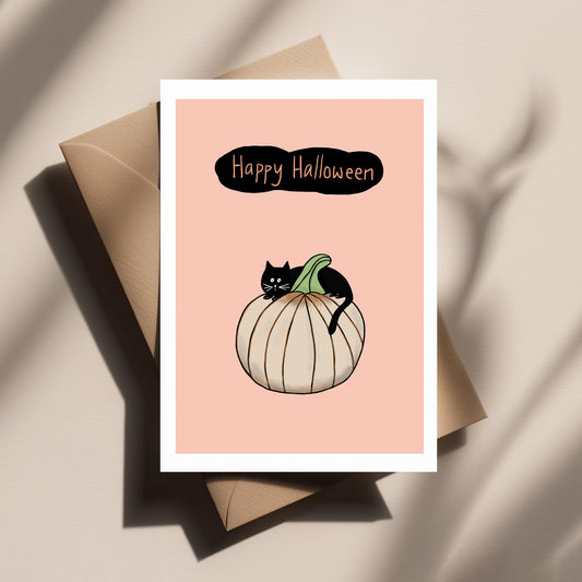 Cat on a Giant Pumpkin – Cute, Spooky and Funny Halloween Greeting Card for Friends, Family & Cat Lovers