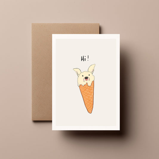 Funny French Bulldog Card – Cute Ice Cream Dog Greeting Card Saying Hi for Friends, Family & Dog Lovers