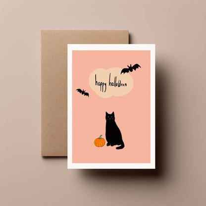 Black Cat with Pumpkin and Bats – Cute, Spooky and Funny Halloween Greeting Card for Friends, Family & Cat Lovers. Gifts for Him or Her.